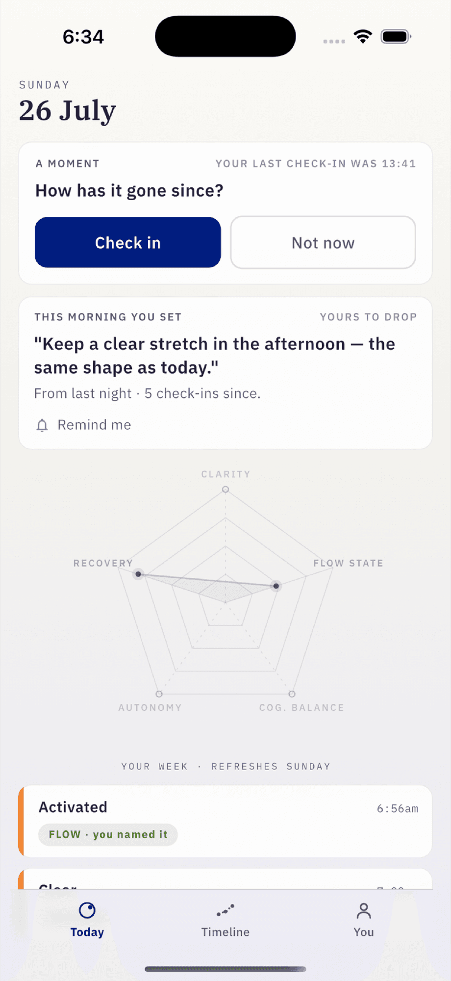 The Ascenda app's Today screen: a check-in prompt and a five-point radar of the week across Clarity, Flow State, Cognitive Balance, Autonomy and Recovery.