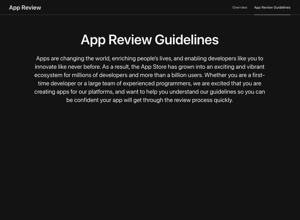 Apple's App Review section on developer.apple.com, headed App Review Guidelines.