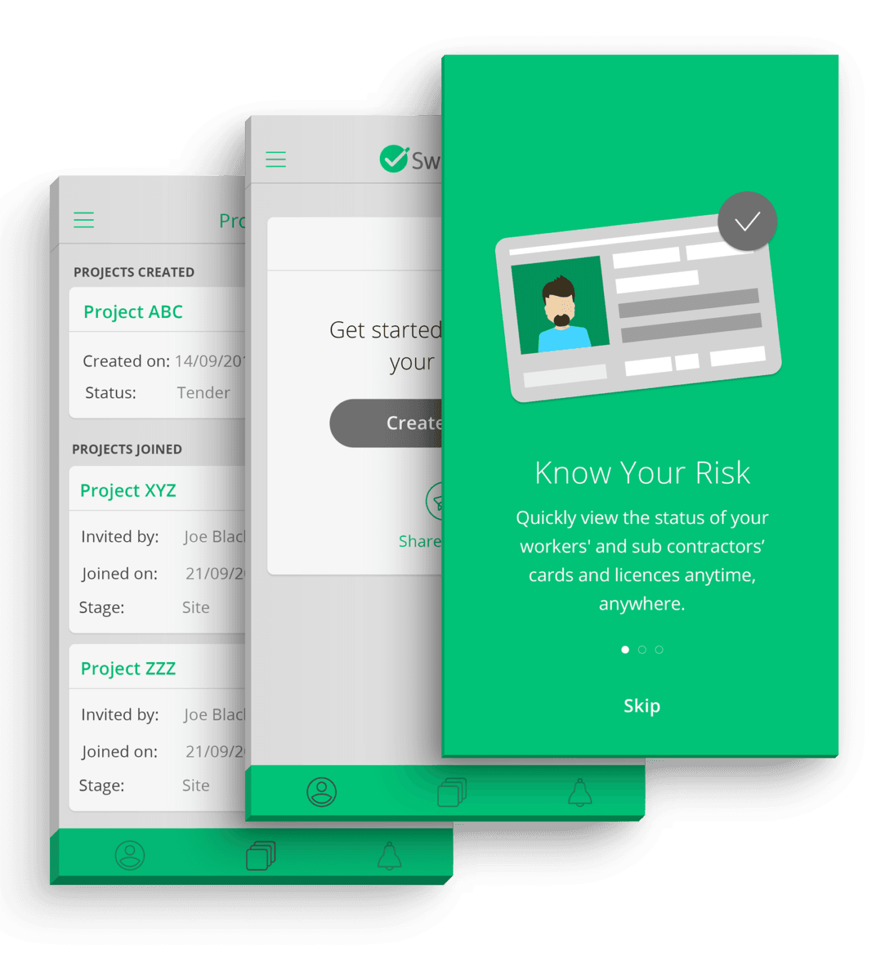 Three SwapCerts screens: a projects list showing Project ABC at tender stage and two joined projects at site stage, a create-project prompt, and a green 'Know Your Risk' intro card reading 'Quickly view the status of your workers' and sub contractors' cards and licences anytime, anywhere'