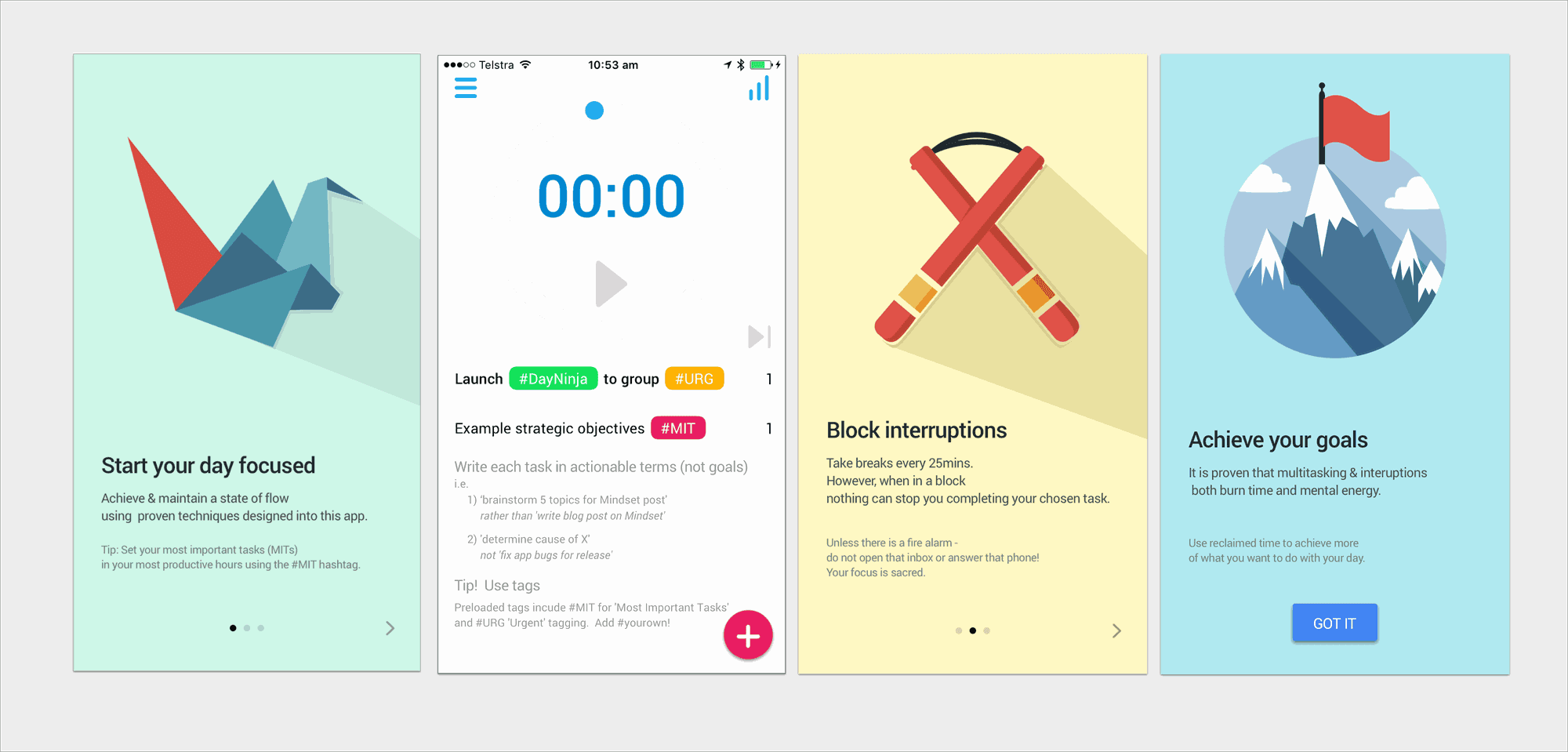 Four DayNinja onboarding screens: start your day focused, task timer at 00:00, block interruptions and achieve your goals