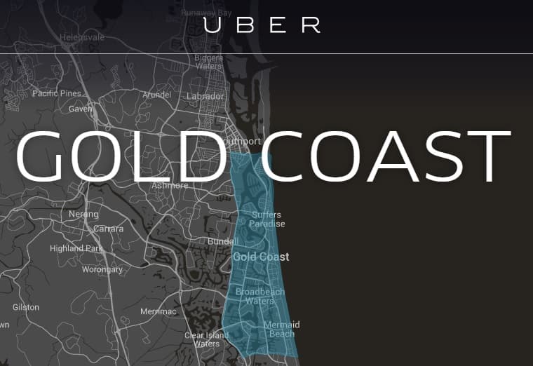 Uber coverage map of the Gold Coast, with the service area shaded blue from Southport down to Mermaid Beach