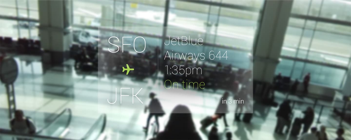 Heads-up display over an airport terminal showing an SFO to JFK JetBlue flight at 1:35pm marked on time
