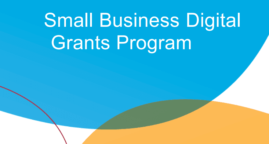Title card reading "Small Business Digital Grants Program" over overlapping blue and orange curves
