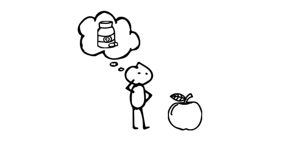 Line drawing of a stick figure standing beside an apple while picturing a bottle of pills in a thought bubble