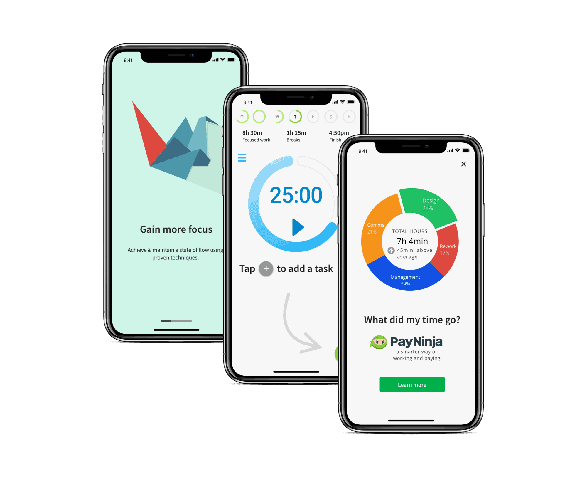 Three screens from DayNinja: an onboarding screen reading Gain more focus, a 25-minute focus timer, and a donut chart breaking down where the day’s hours went.
