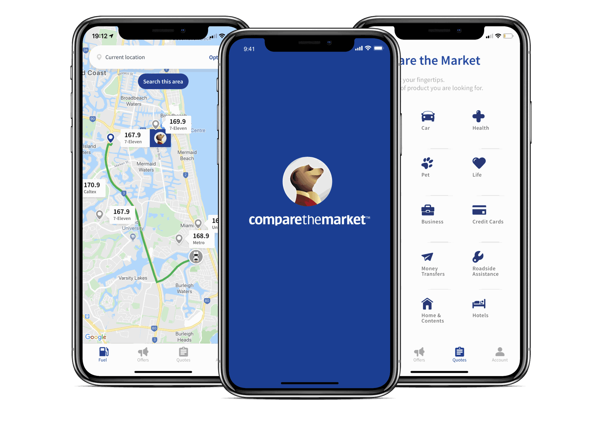 Compare the Market app screens: a Gold Coast fuel price map, meerkat splash screen and quote category menu