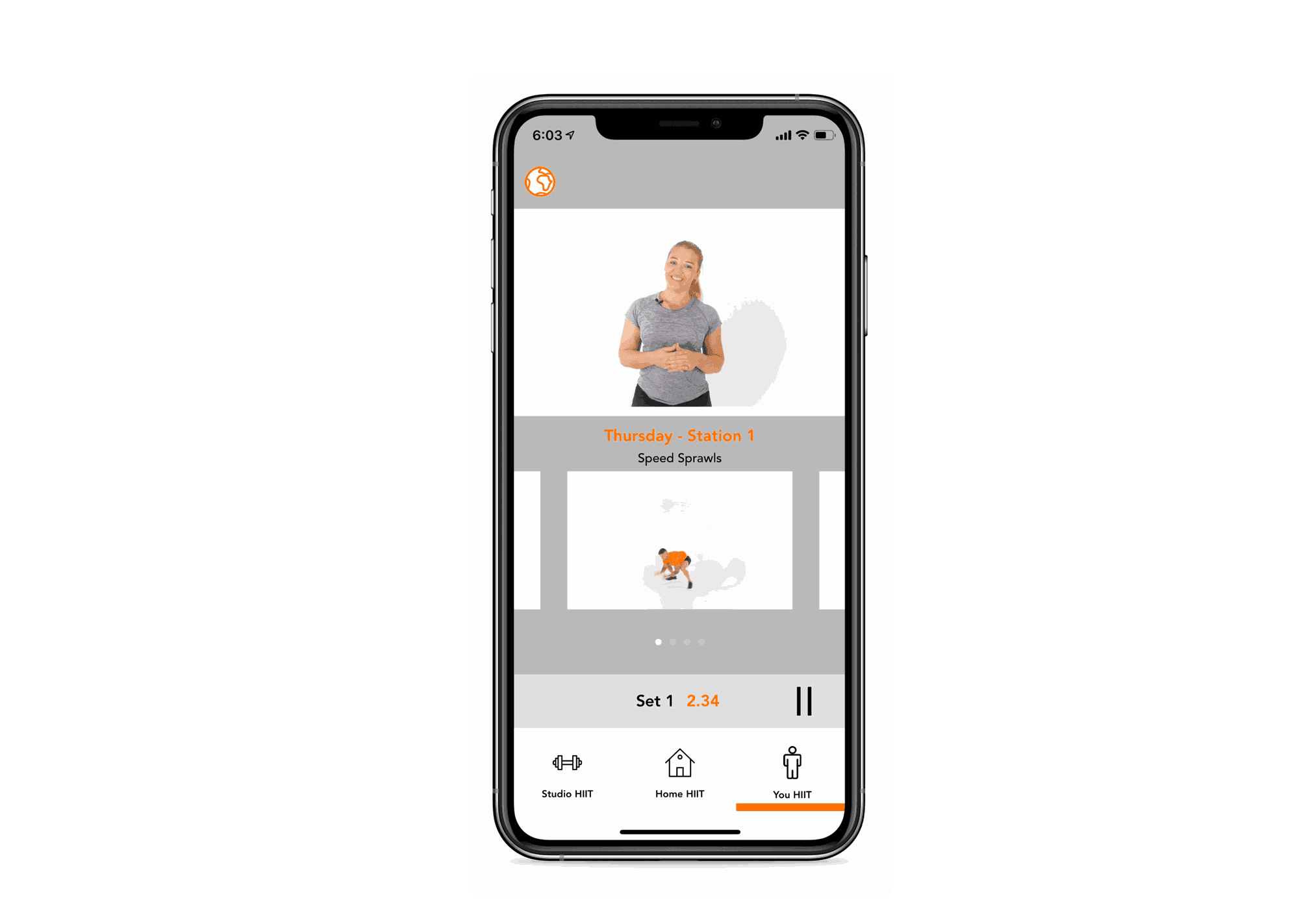 The Travel HIIT app on a phone showing Thursday — Station 1, Speed Sprawls, with a trainer video above a demonstration clip and a Set 1 timer reading 2.34, over tabs for Studio HIIT, Home HIIT and You HIIT