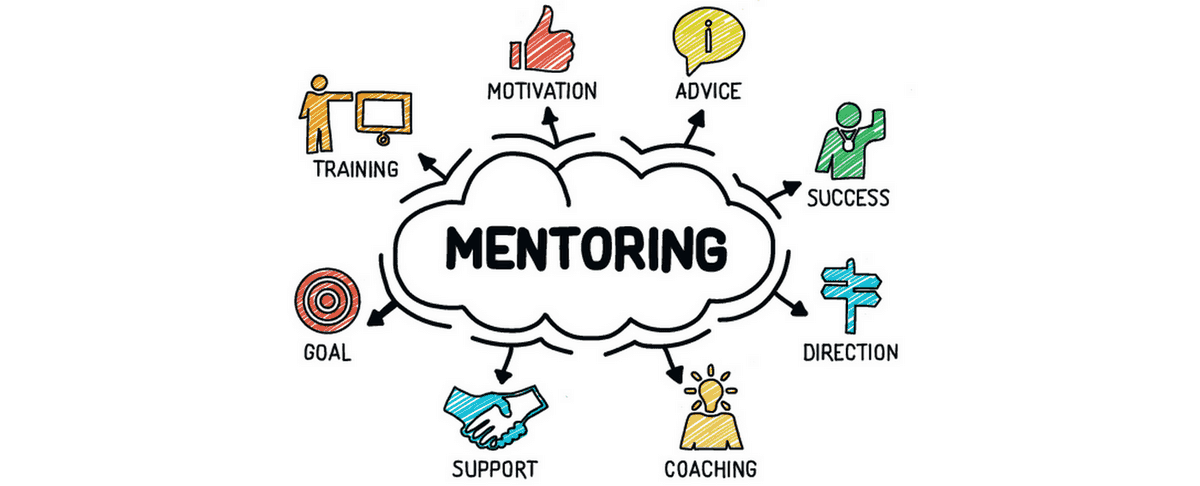 Hand-drawn Mentoring cloud with arrows to training, motivation, advice, success, direction, support and coaching