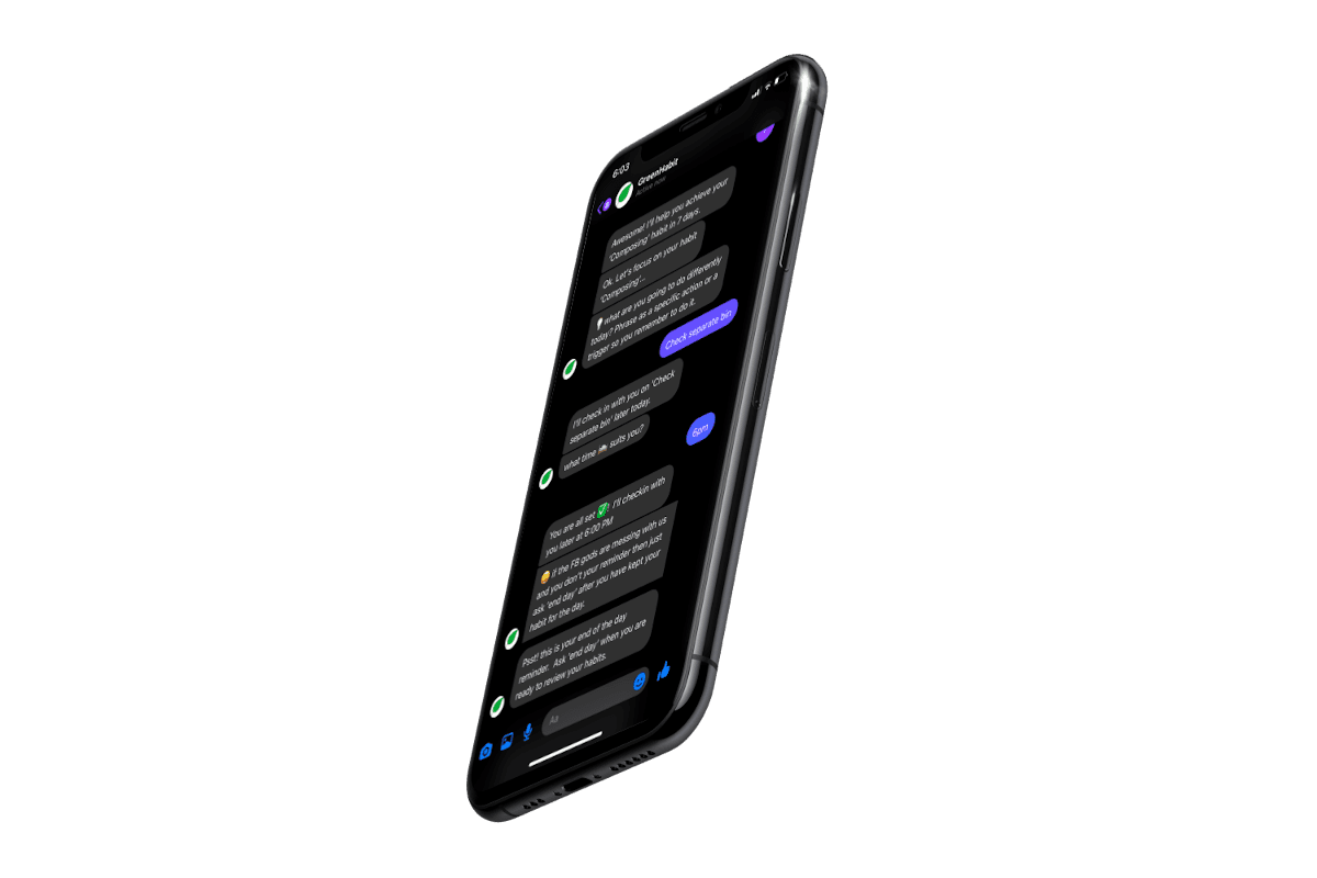 A phone showing the Green Habit chatbot conversation, with the agent setting a daily habit check-in time.