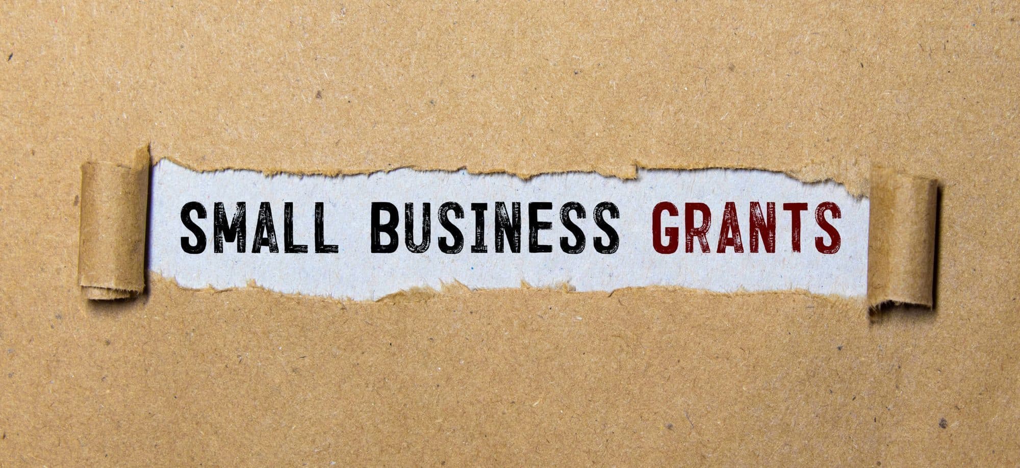 Torn strip of brown paper revealing the words Small Business Grants printed on white underneath
