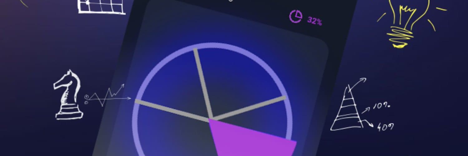 Dark purple banner with a phone showing a pie chart at 32%, ringed by sketched chess knight, lightbulb and growth graphs