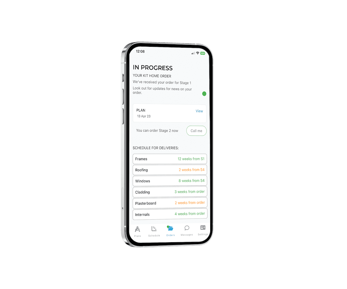 The Imagine Kit Homes app on a phone showing an IN PROGRESS kit home order: a plan dated 13 Apr 23, a prompt to order Stage 2, and a delivery schedule listing frames at 12 weeks, roofing at 2 weeks, windows at 8 weeks, cladding, plasterboard and internals