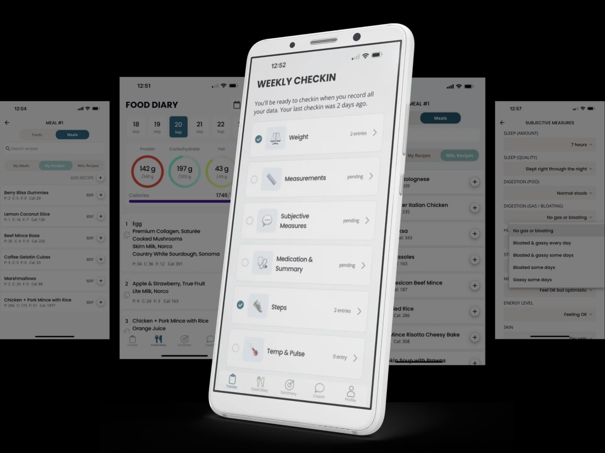 Four screens from the NuStrength app — a weekly check-in list, a food diary with protein, carbohydrate and fat rings, a recipe list and a subjective-measures form.