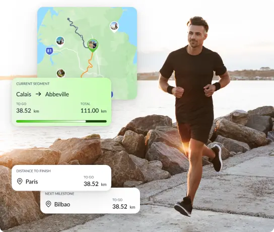 Runner on a coastal path with Run the World progress cards showing a Calais to Abbeville segment and distance left to Paris
