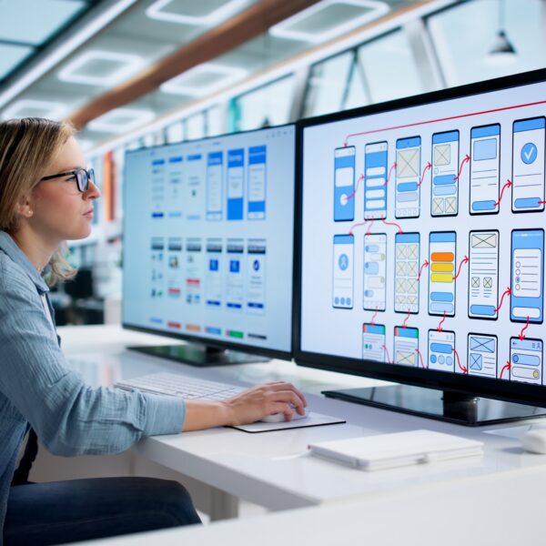 Efficient,Young,Woman,Designing,Website,With,Modern,Uxui,Interface.